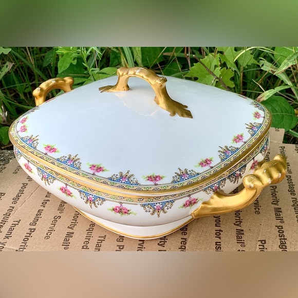 Vintage Limoges France Vignaud Square Gold Trim Lidded Vegetable Serving Bowl - Picture 6 of 16